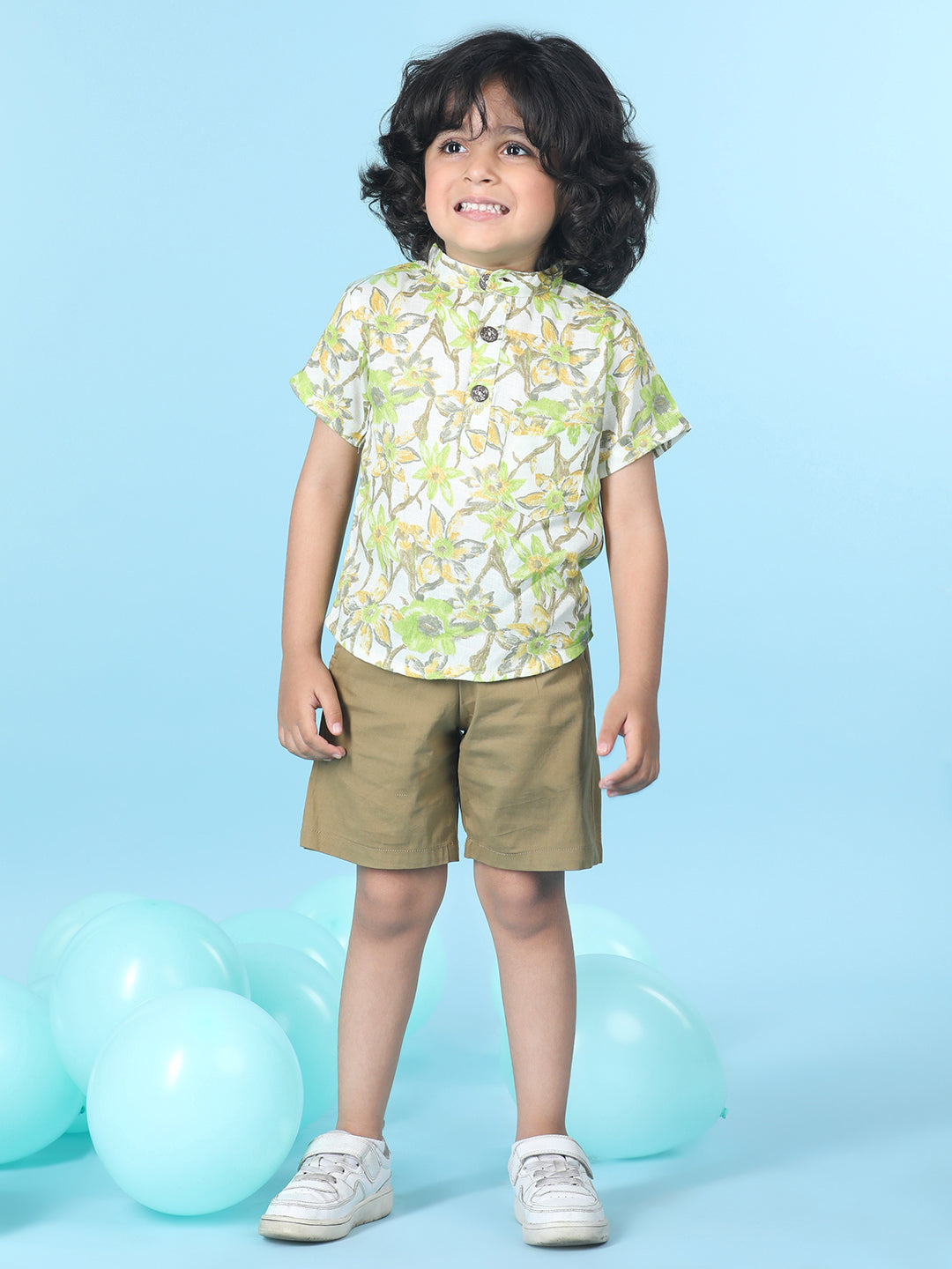 Cutiekins Boys Tropical Print T-Shirt With Solid Short -Off White & Camel Brown