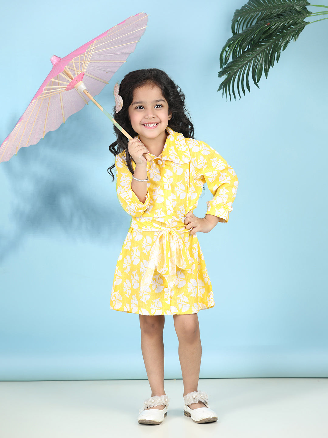 Cutiekins Girls Trendy & Stylish Floral Printed Dress -Yellow & Off White