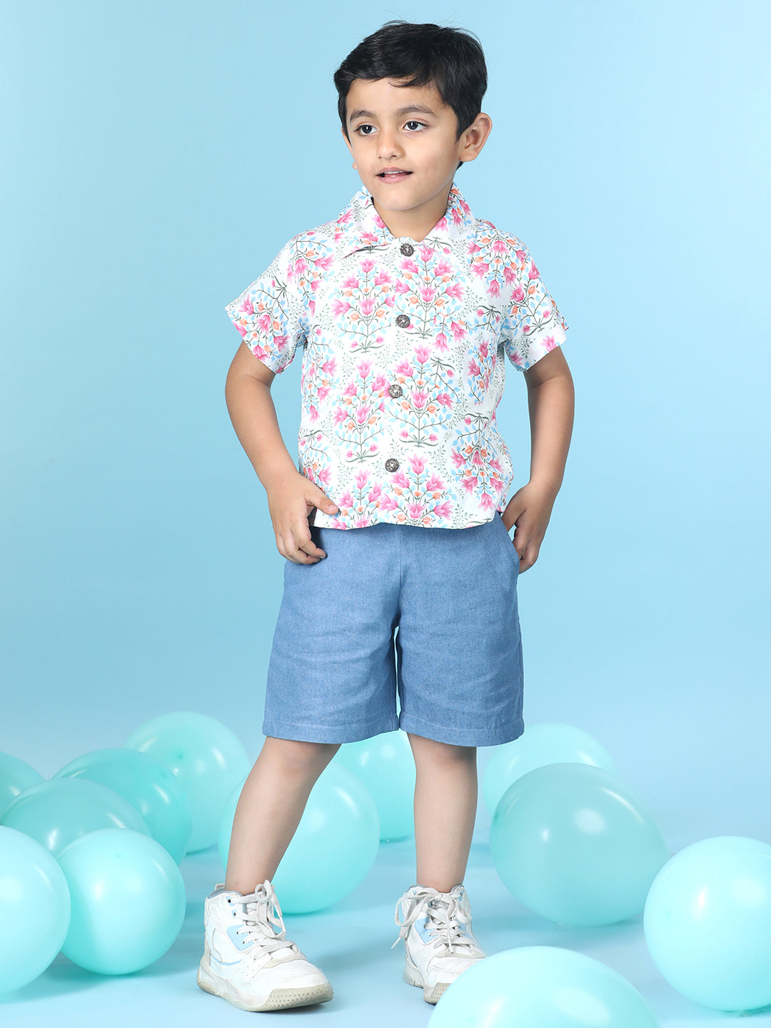 Cutiekins Boys Floral Print Shirt With Solid Short -White & Steel Blue