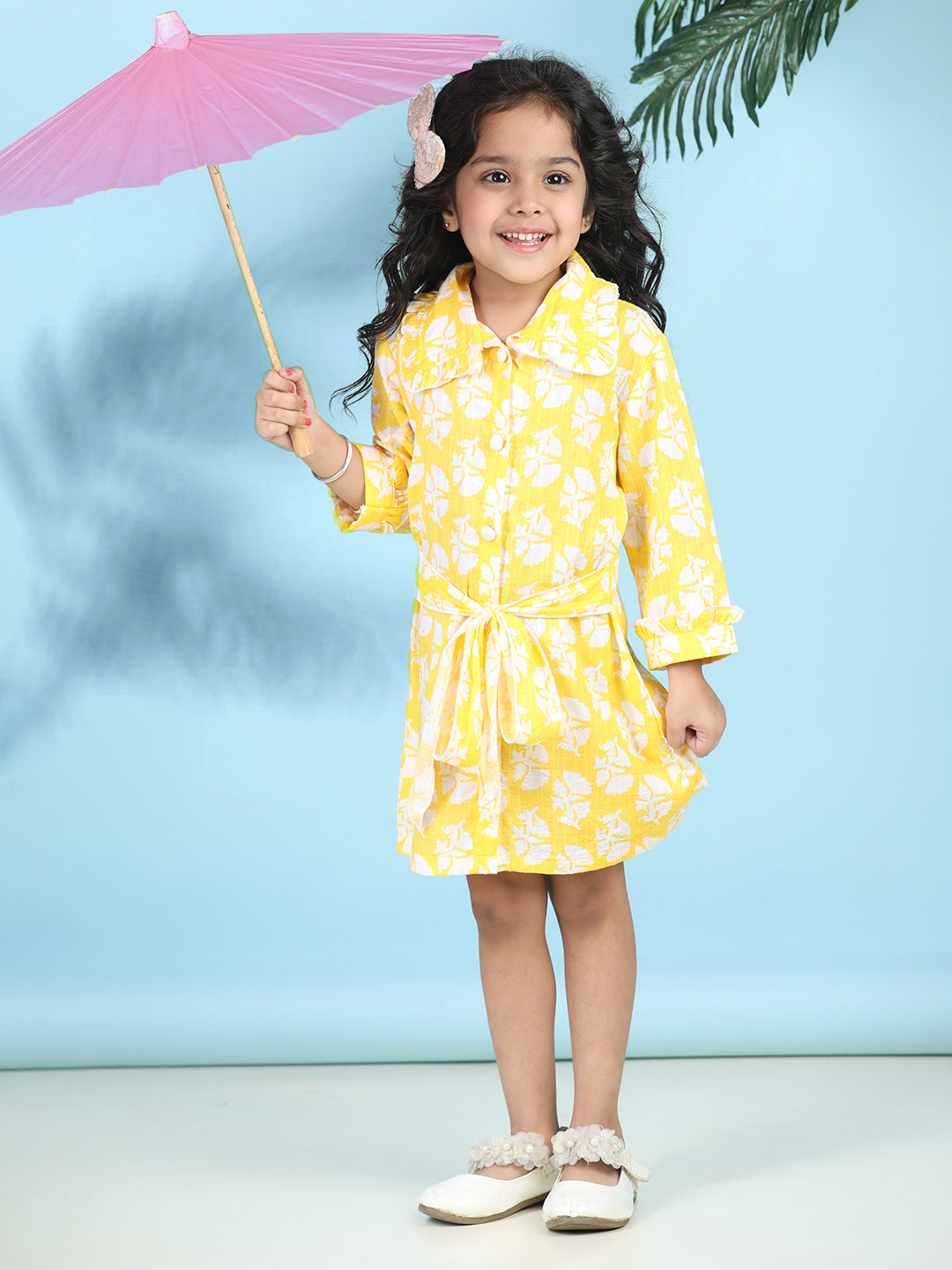 Cutiekins Girls Trendy & Stylish Floral Printed Dress -Yellow & Off White