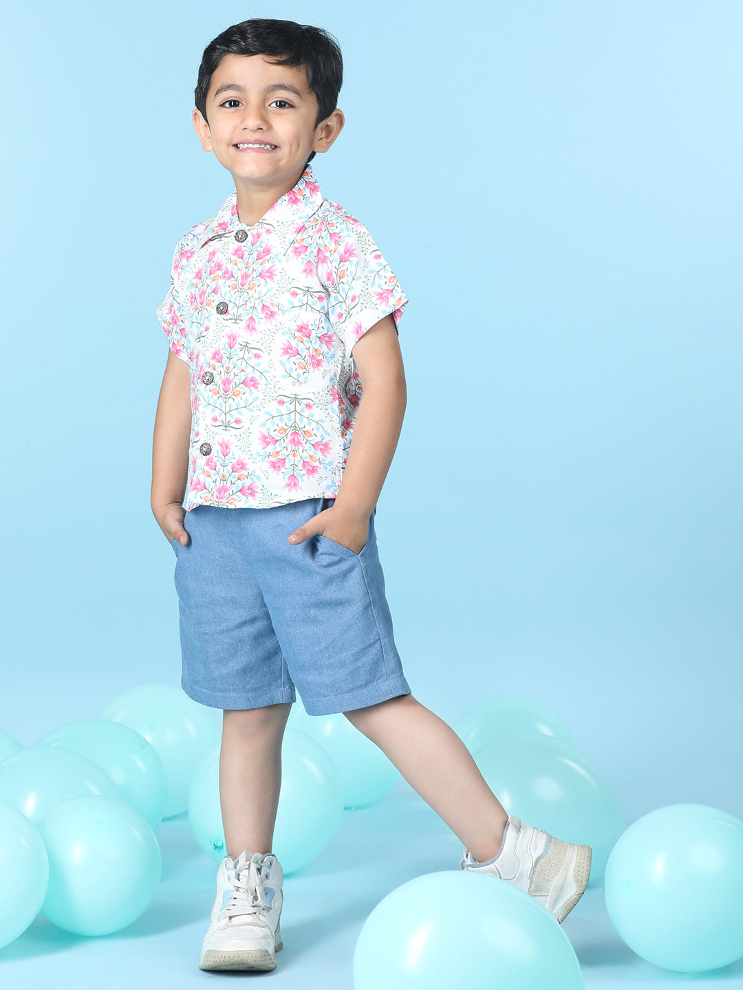 Cutiekins Boys Floral Print Shirt With Solid Short -White & Steel Blue