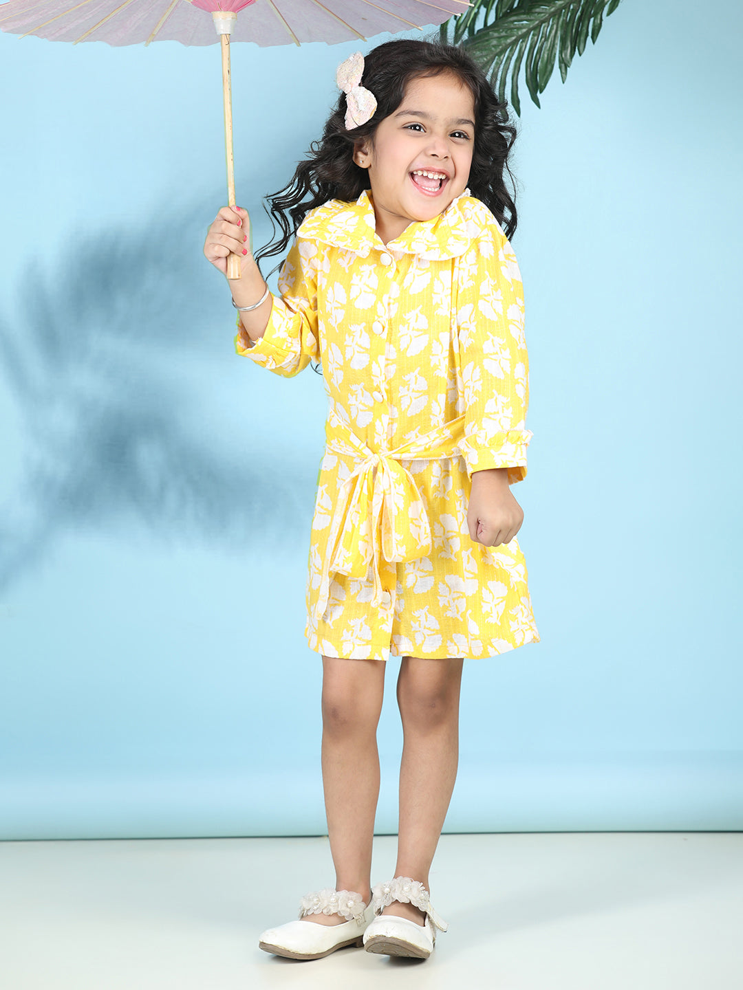 Cutiekins Girls Trendy & Stylish Floral Printed Dress -Yellow & Off White