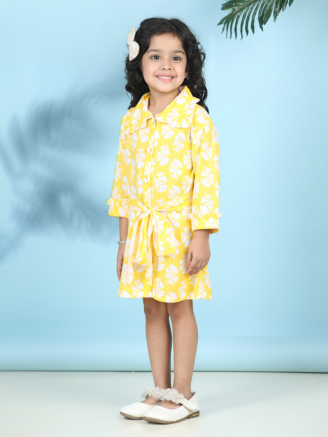 Cutiekins Girls Trendy & Stylish Floral Printed Dress -Yellow & Off White