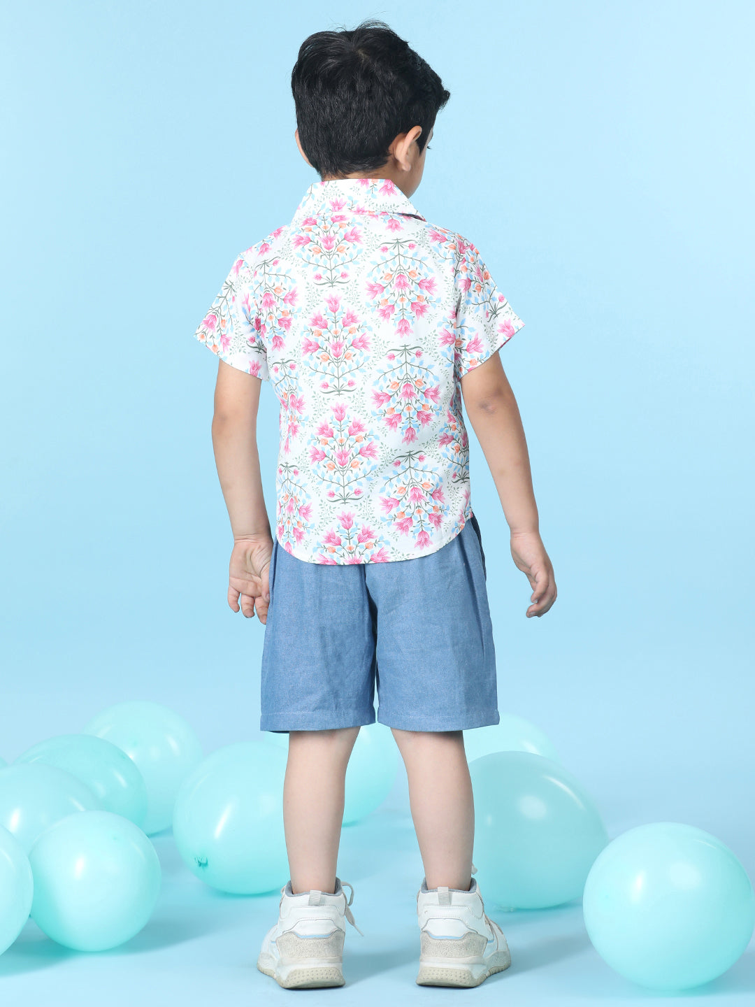 Cutiekins Boys Floral Print Shirt With Solid Short -White & Steel Blue