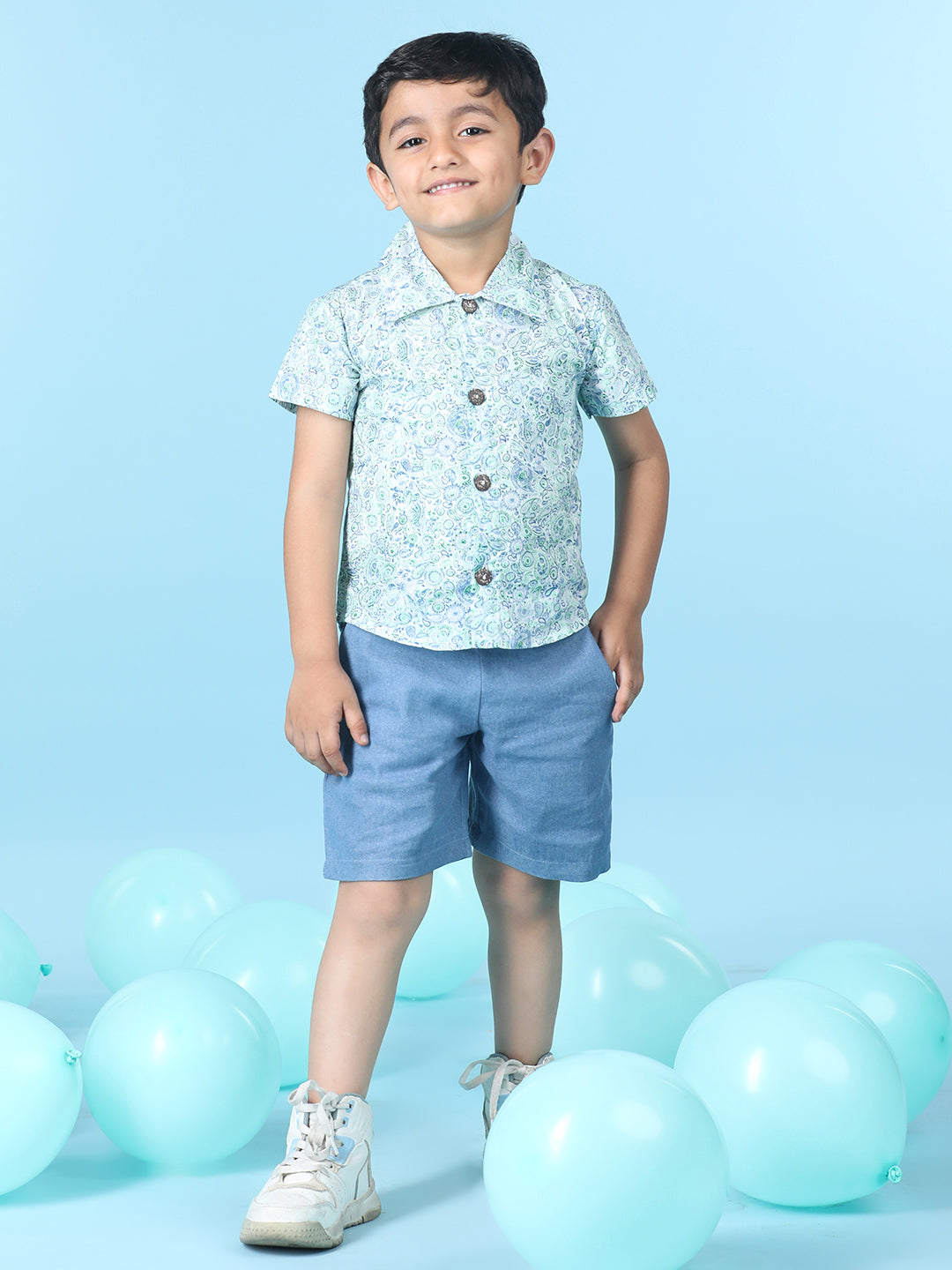 Cutiekins Boys Printed Shirt With Solid Short -Off White & Steel Blue