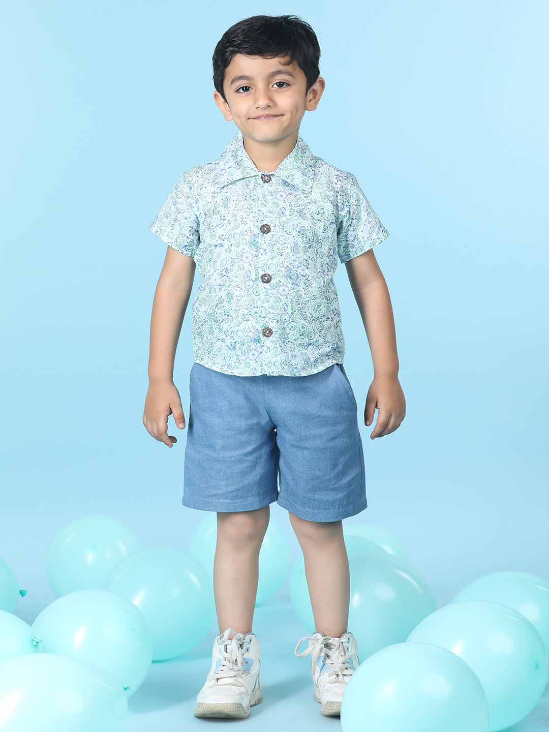 Cutiekins Boys Printed Shirt With Solid Short -Off White & Steel Blue