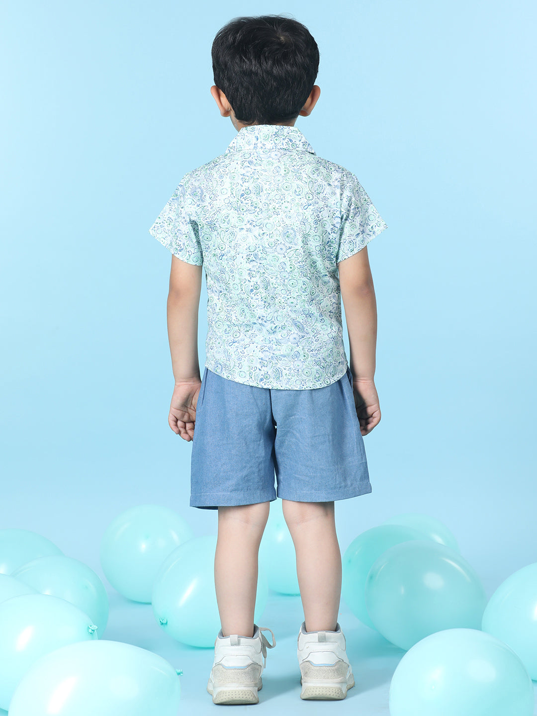 Cutiekins Boys Printed Shirt With Solid Short -Off White & Steel Blue