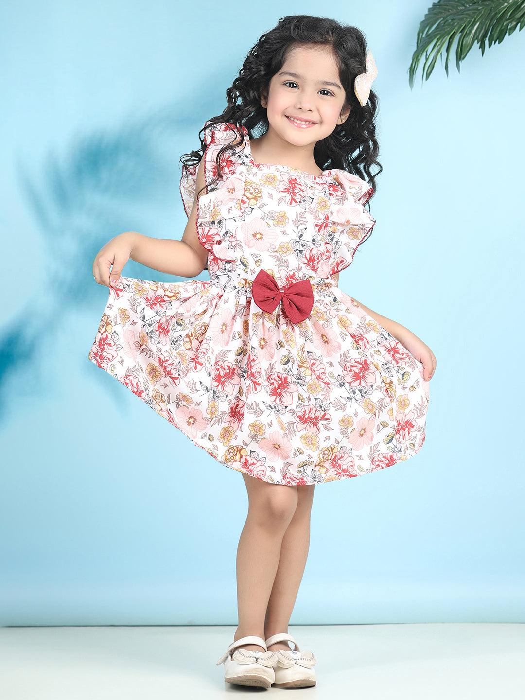 Cutiekins Girls Trendy & Stylish Floral Printed Dress -Off White & Multi