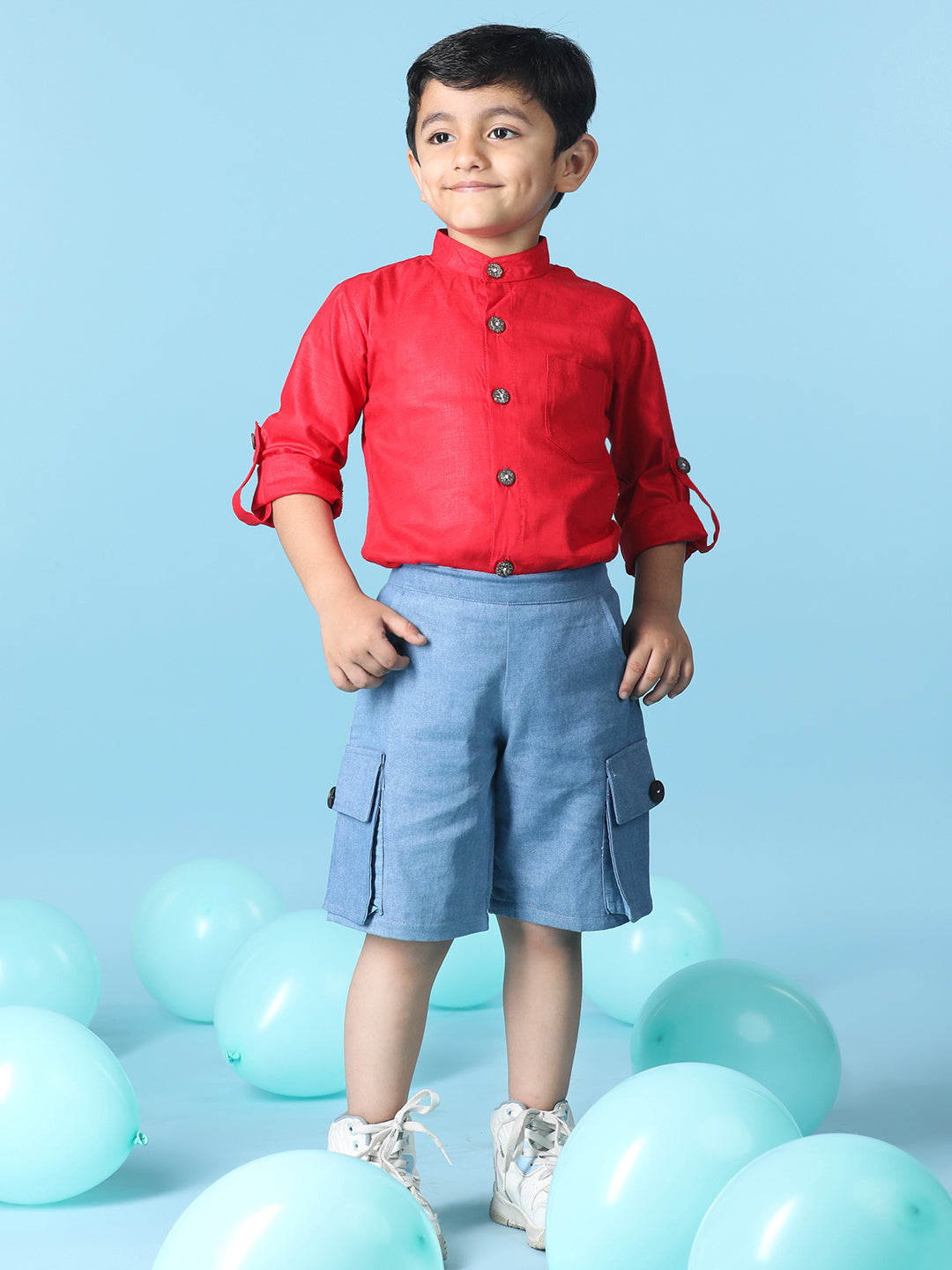 Cutiekins Boys Solid Shirt With Solid Denim Short -Red & Steel Blue