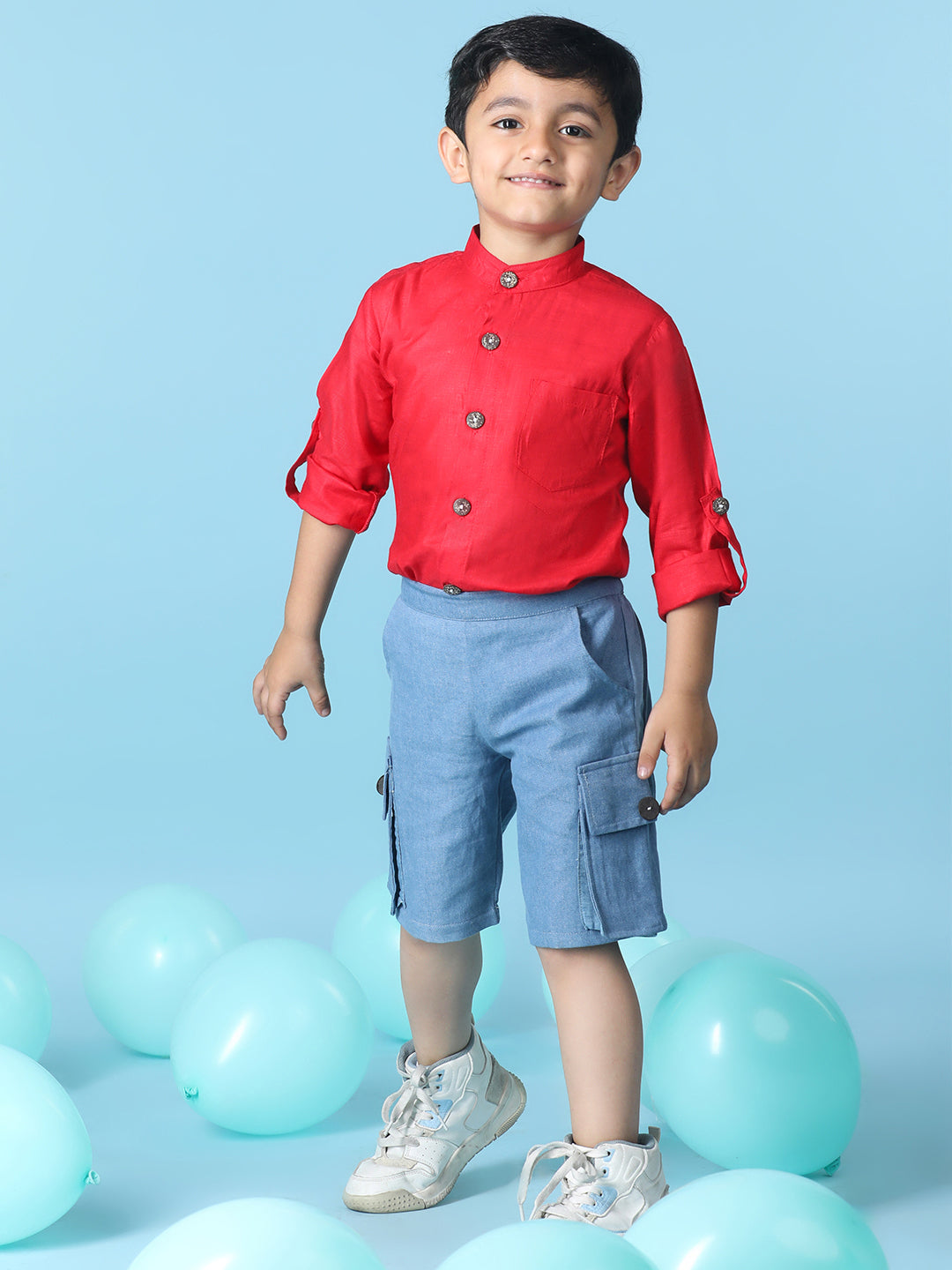 Cutiekins Boys Solid Shirt With Solid Denim Short -Red & Steel Blue