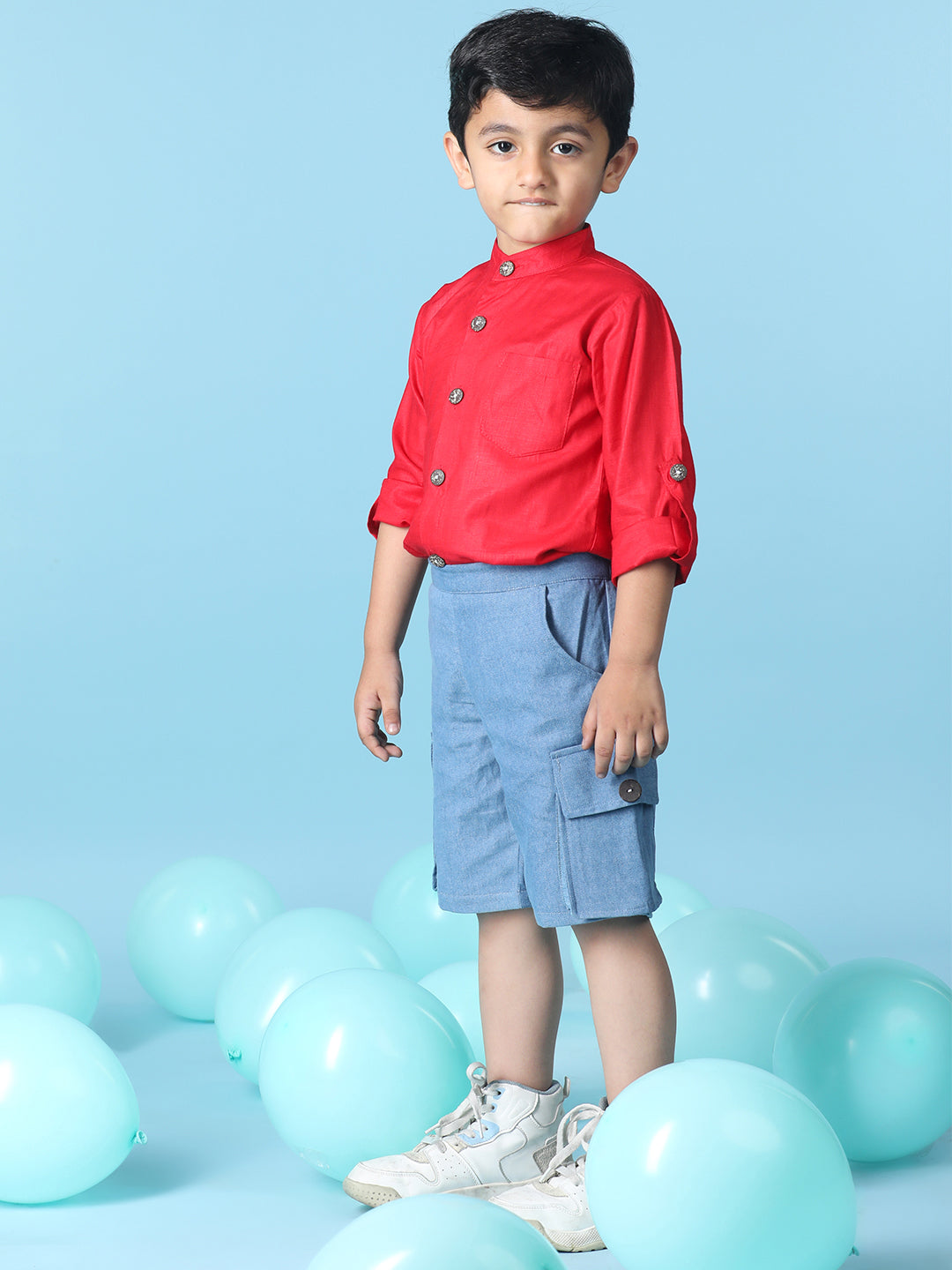 Cutiekins Boys Solid Shirt With Solid Denim Short -Red & Steel Blue