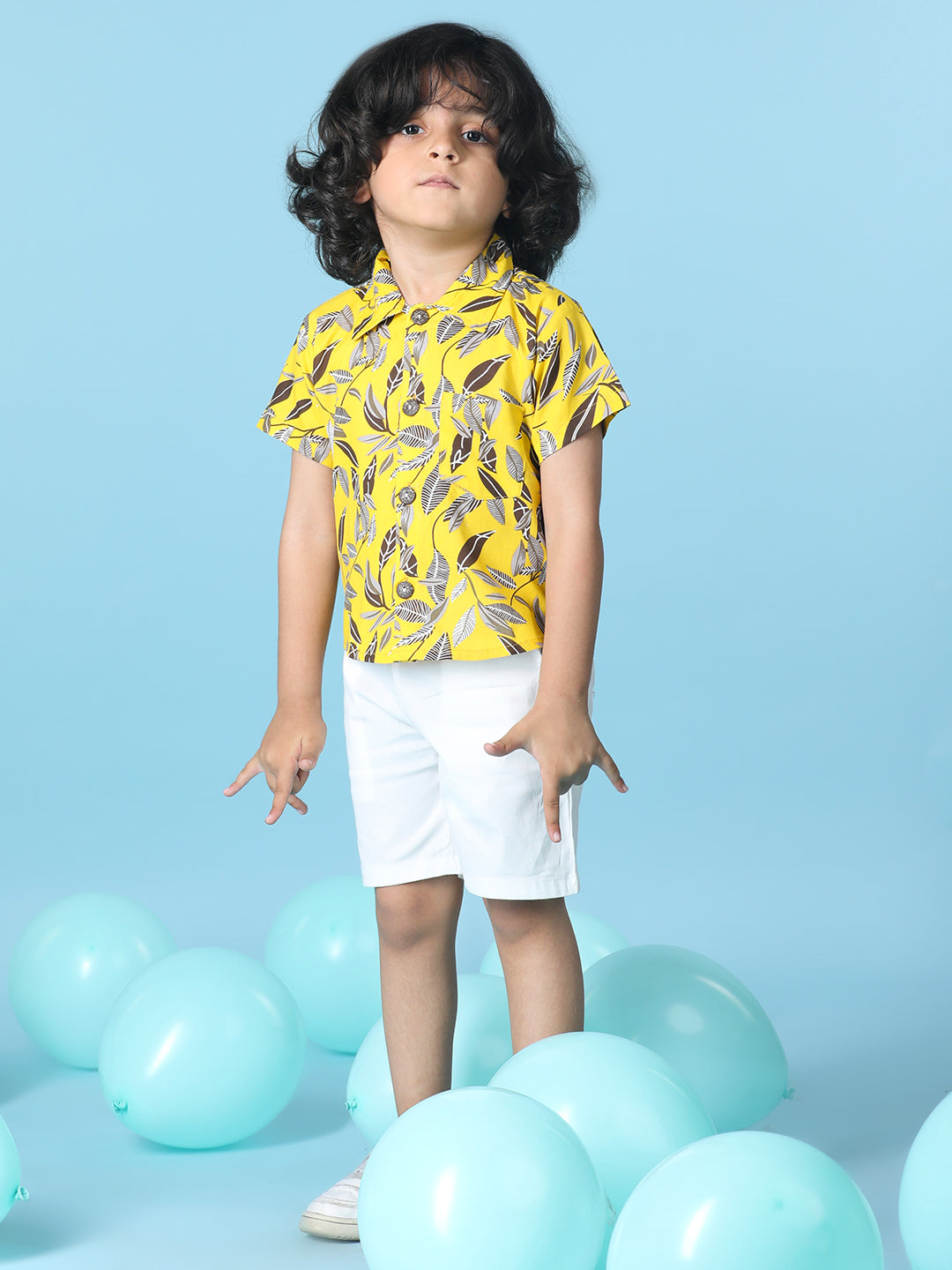 Cutiekins Boys Tropical Print Shirt With Solid Short -Yellow & White