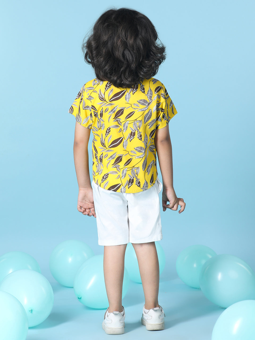 Cutiekins Boys Tropical Print Shirt With Solid Short -Yellow & White