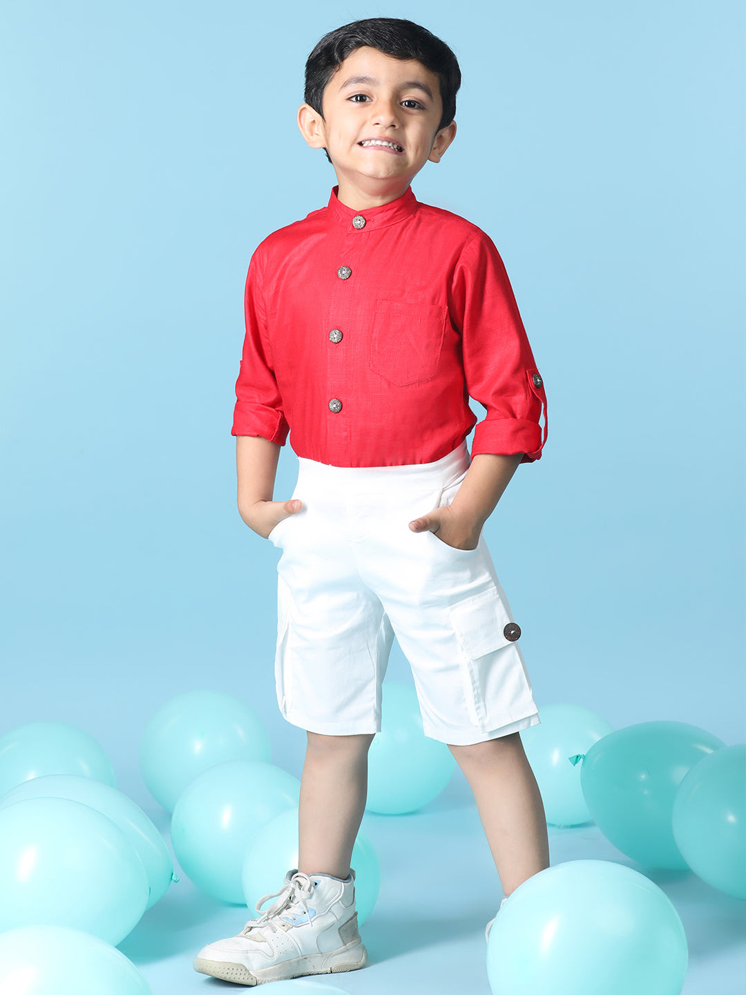 Cutiekins Boys Solid Shirt With Solid Denim Short -Red & White