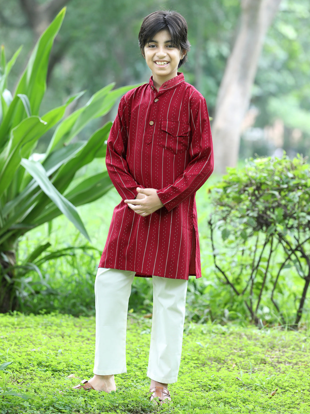 Cutiekins Printed Kurta and Pajama Set- Maroon & Off White