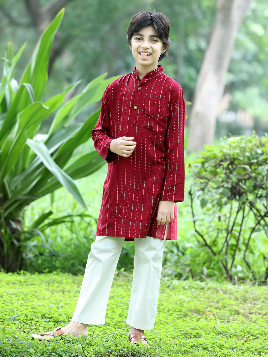 Cutiekins Printed Kurta and Pajama Set- Maroon & Off White