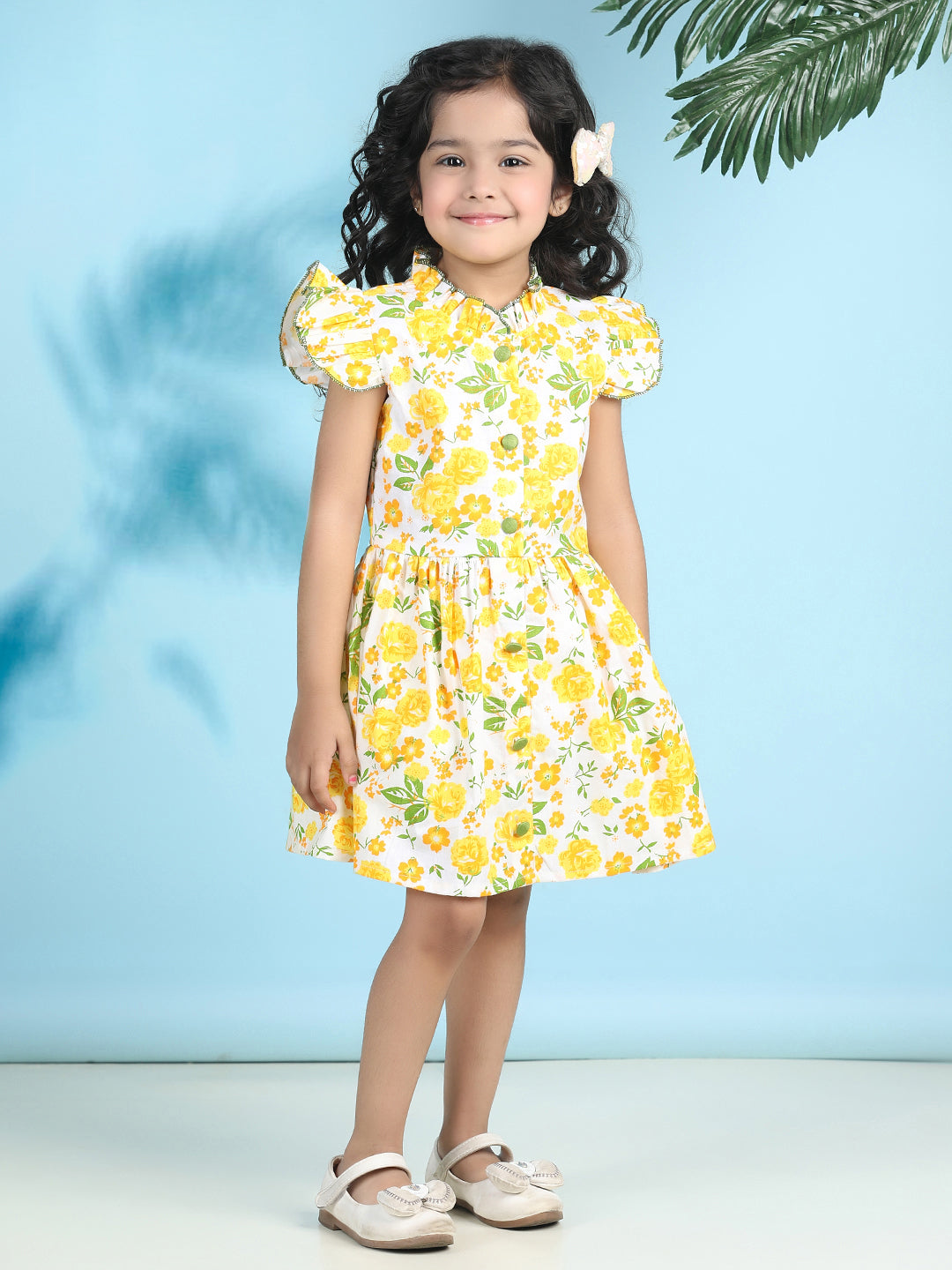 Cutiekins Girls Trendy & Stylish Floral Printed Dress -Off White & Yellow