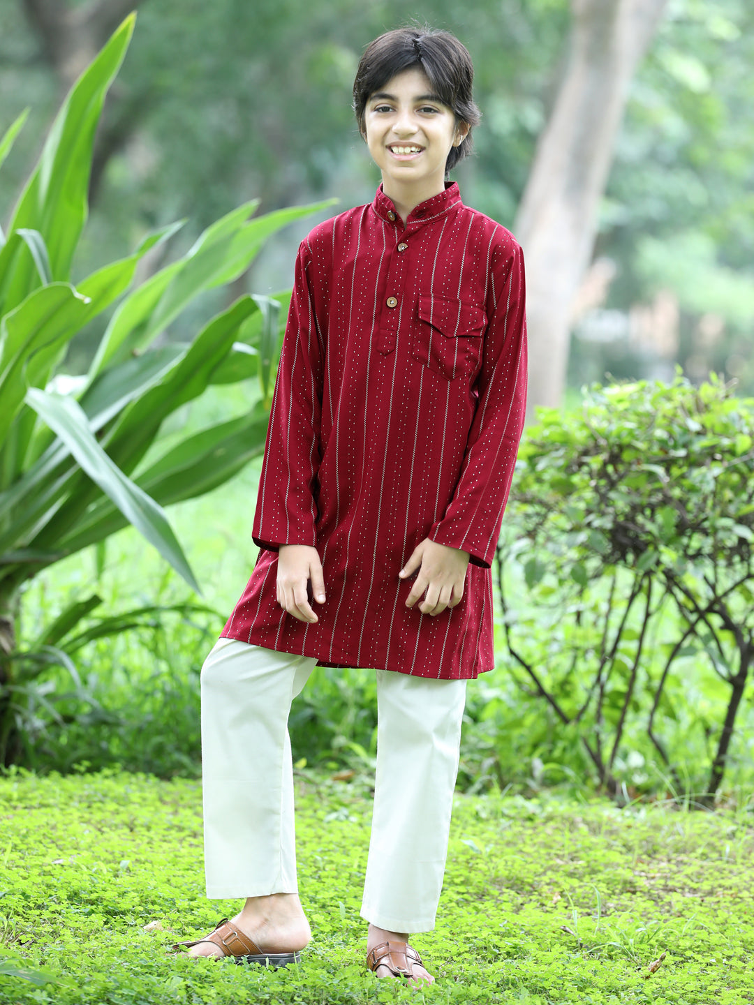 Cutiekins Printed Kurta and Pajama Set- Maroon & Off White