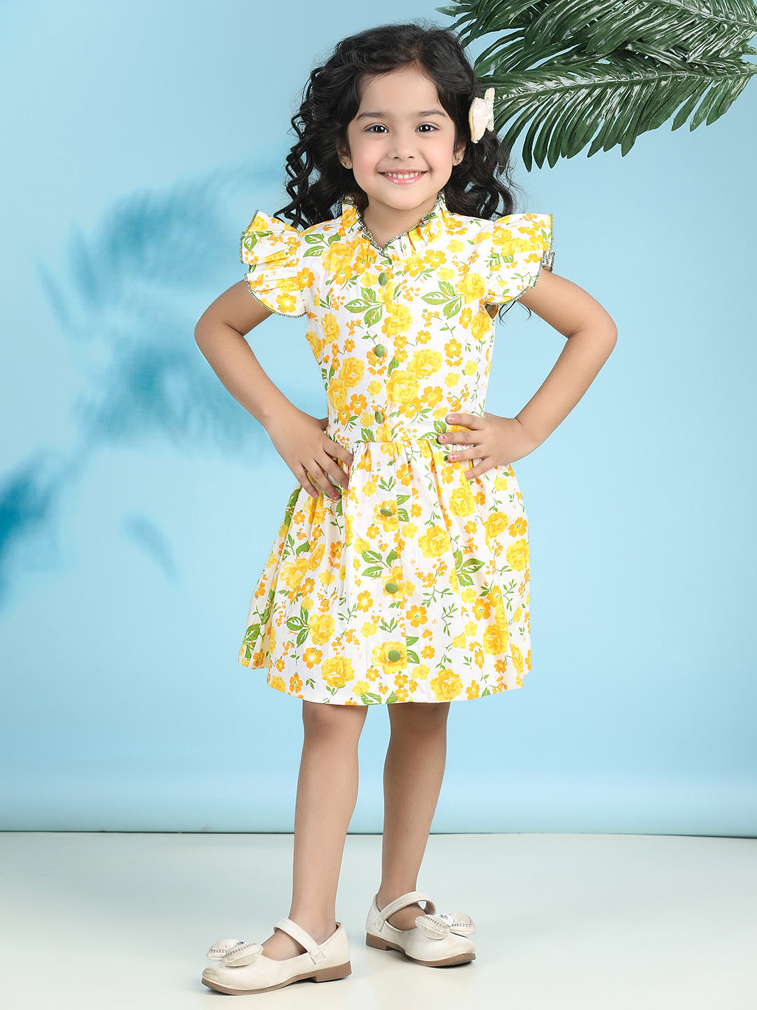 Cutiekins Girls Trendy & Stylish Floral Printed Dress -Off White & Yellow