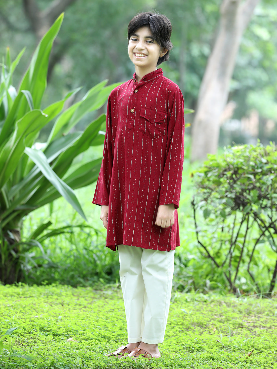 Cutiekins Printed Kurta and Pajama Set- Maroon & Off White