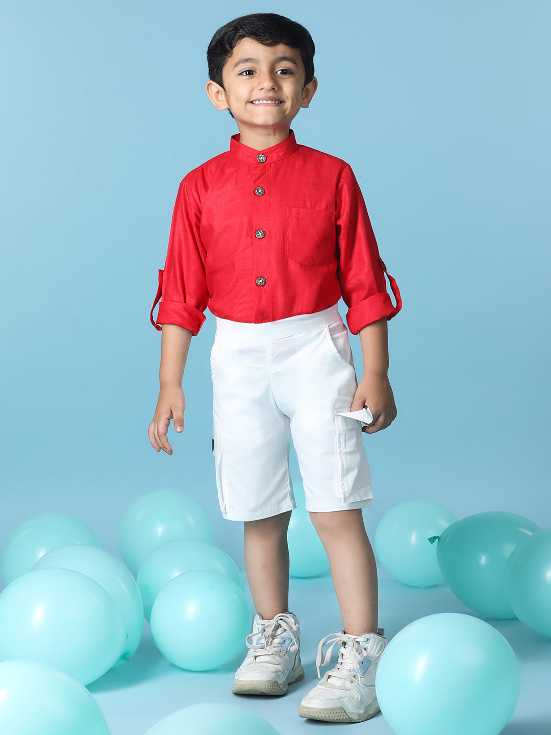 Cutiekins Boys Solid Shirt With Solid Denim Short -Red & White