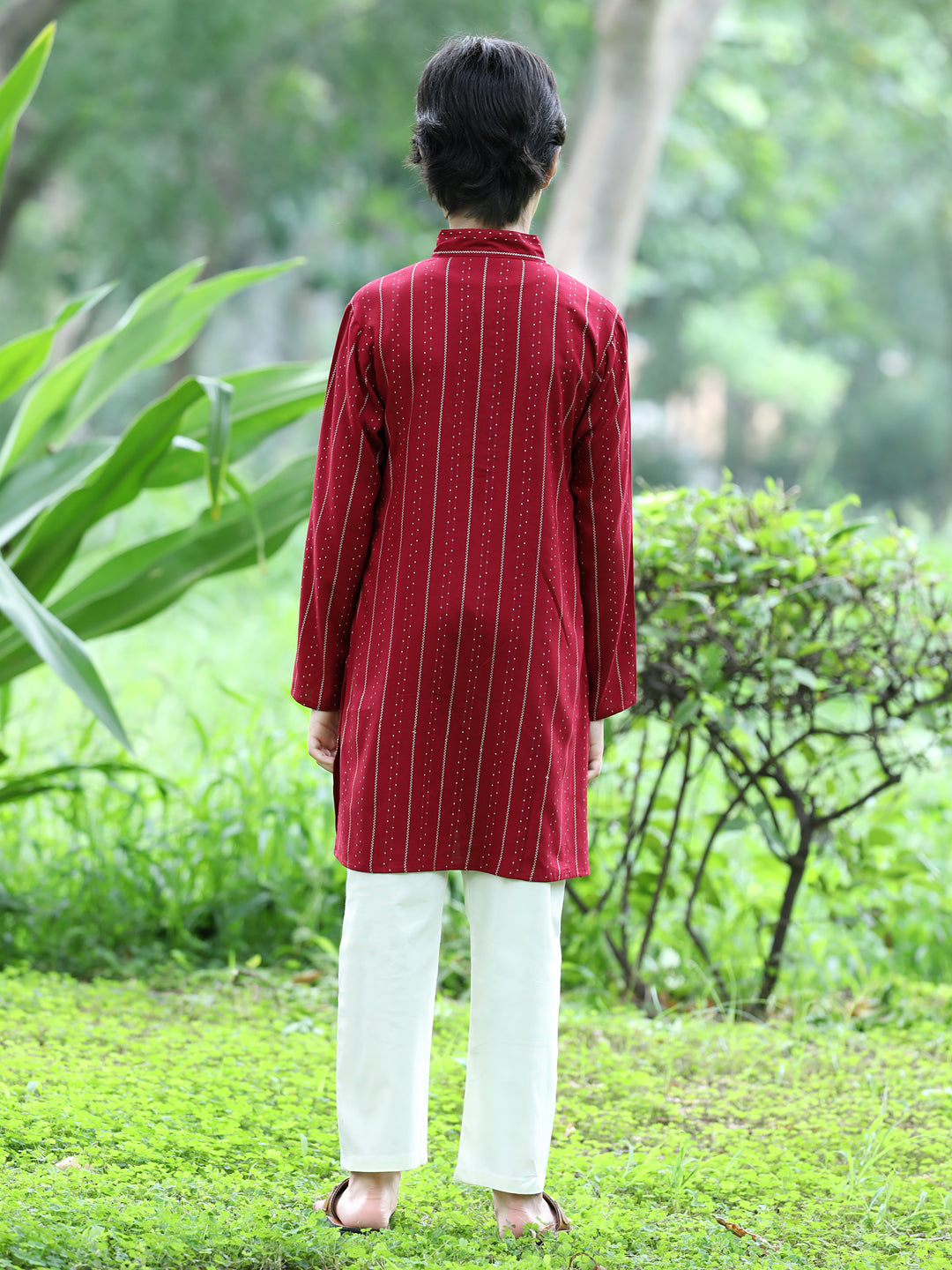 Cutiekins Printed Kurta and Pajama Set- Maroon & Off White