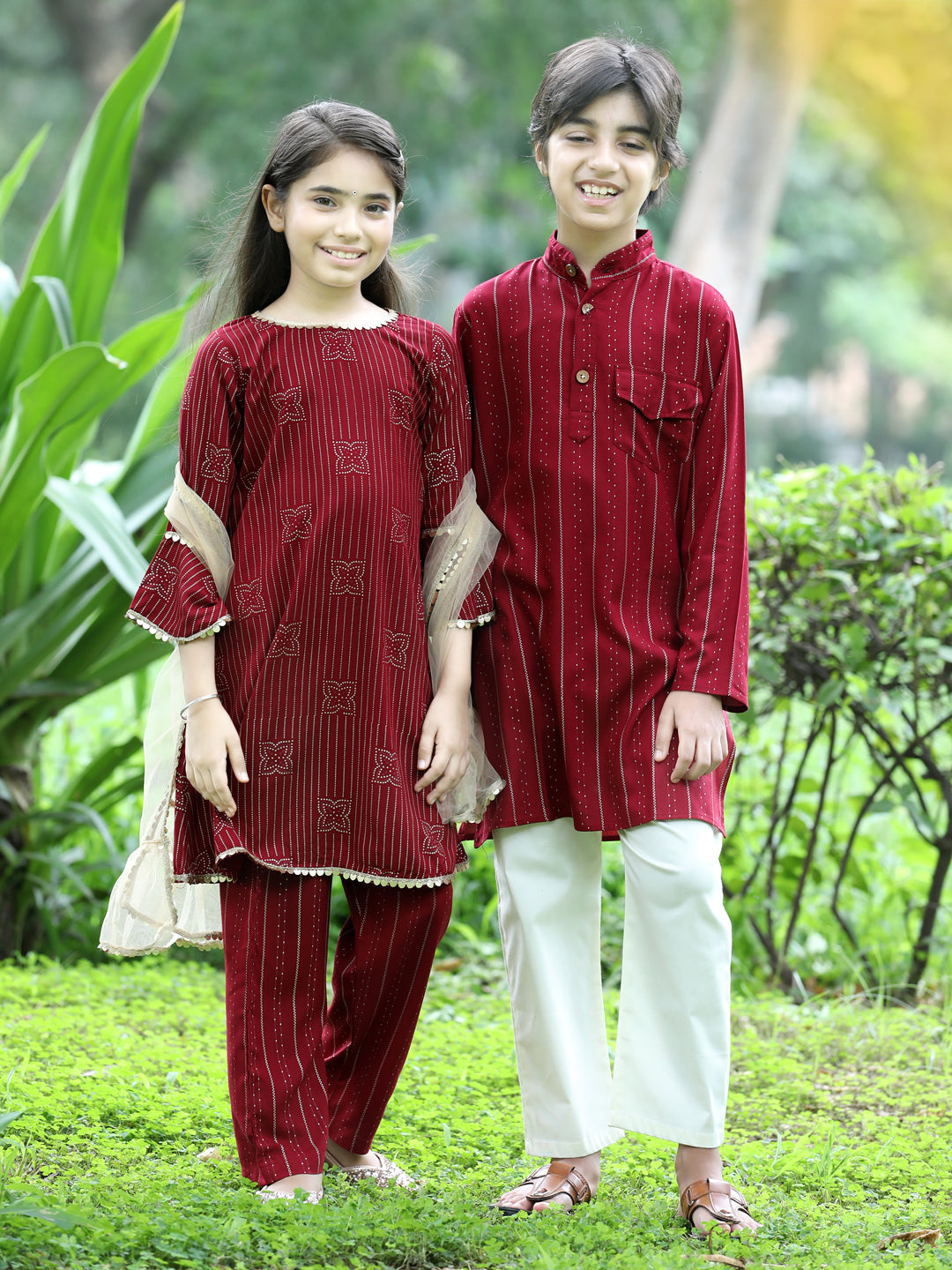 Cutiekins Ethnic Motif Printed A-line Kurta, Palazzos & Dupatta Set-Maroon & Golden