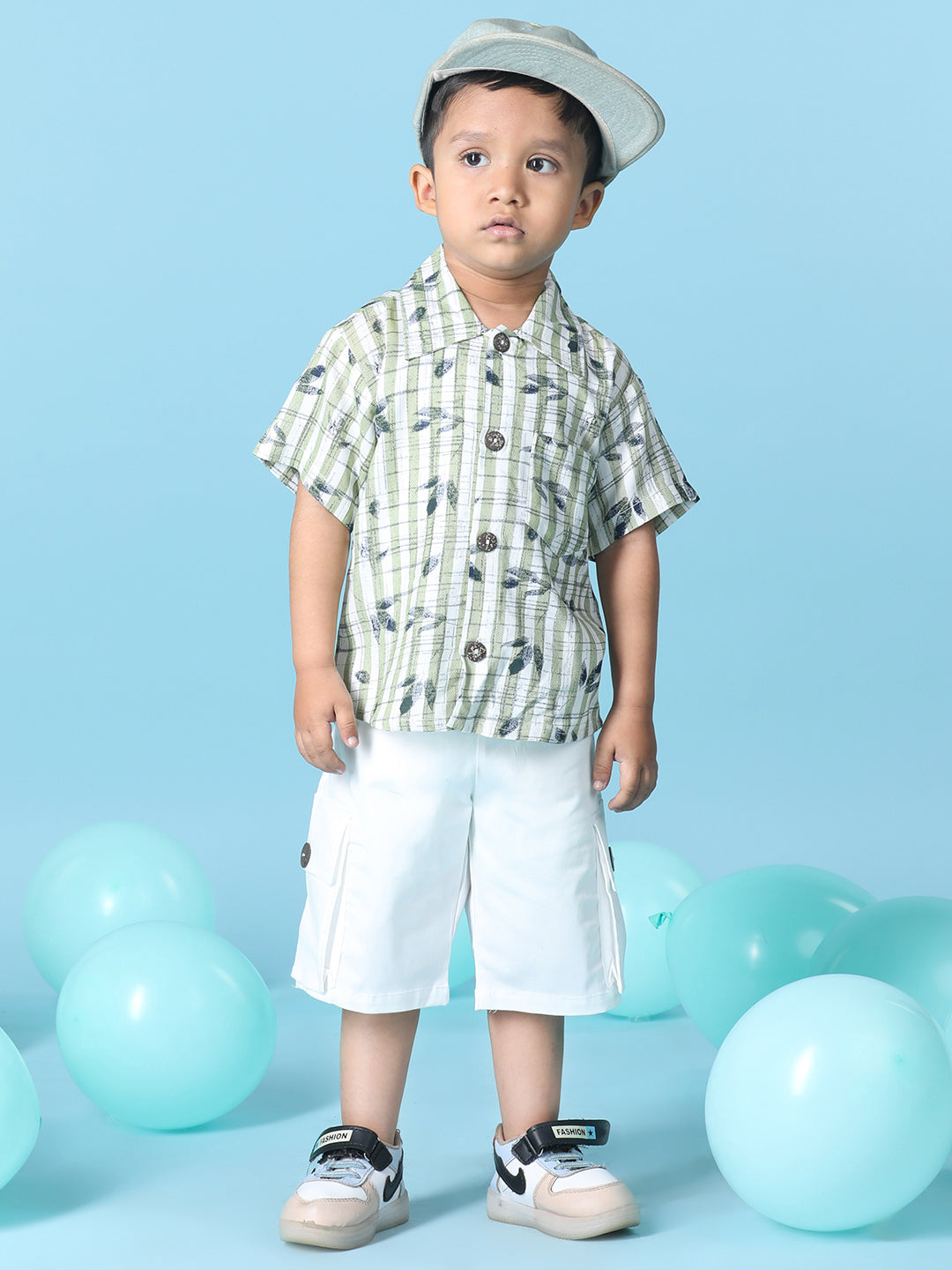 Cutiekins Boys Tropical Print Shirt With Solid Denim Short -Green & White