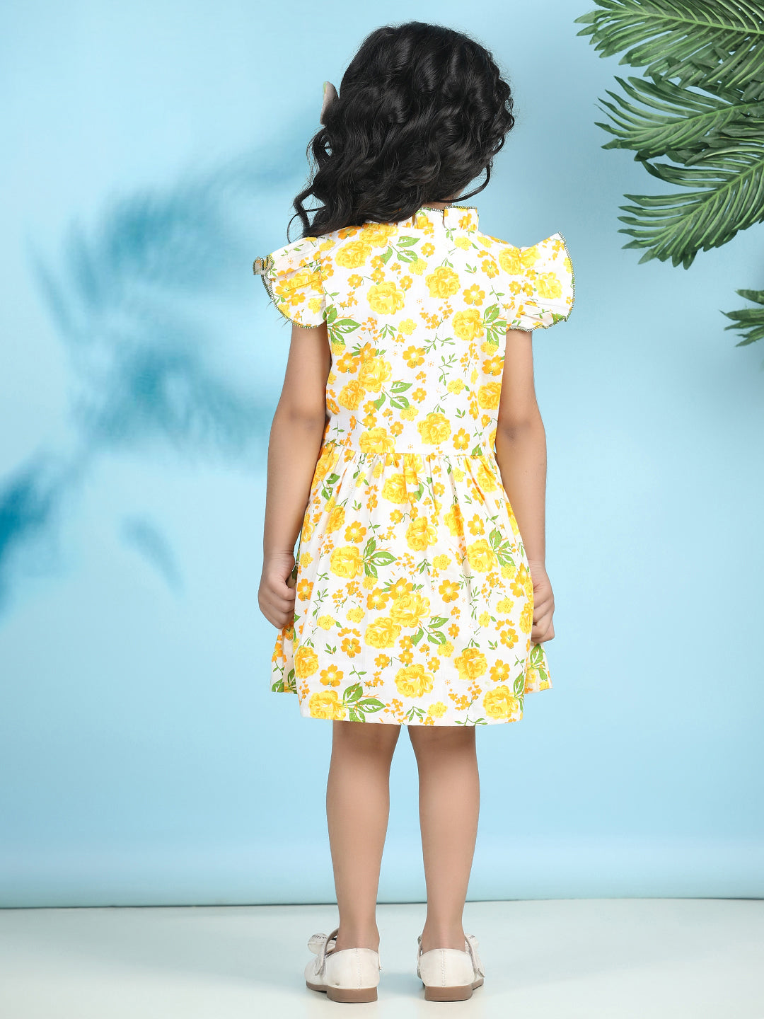 Cutiekins Girls Trendy & Stylish Floral Printed Dress -Off White & Yellow