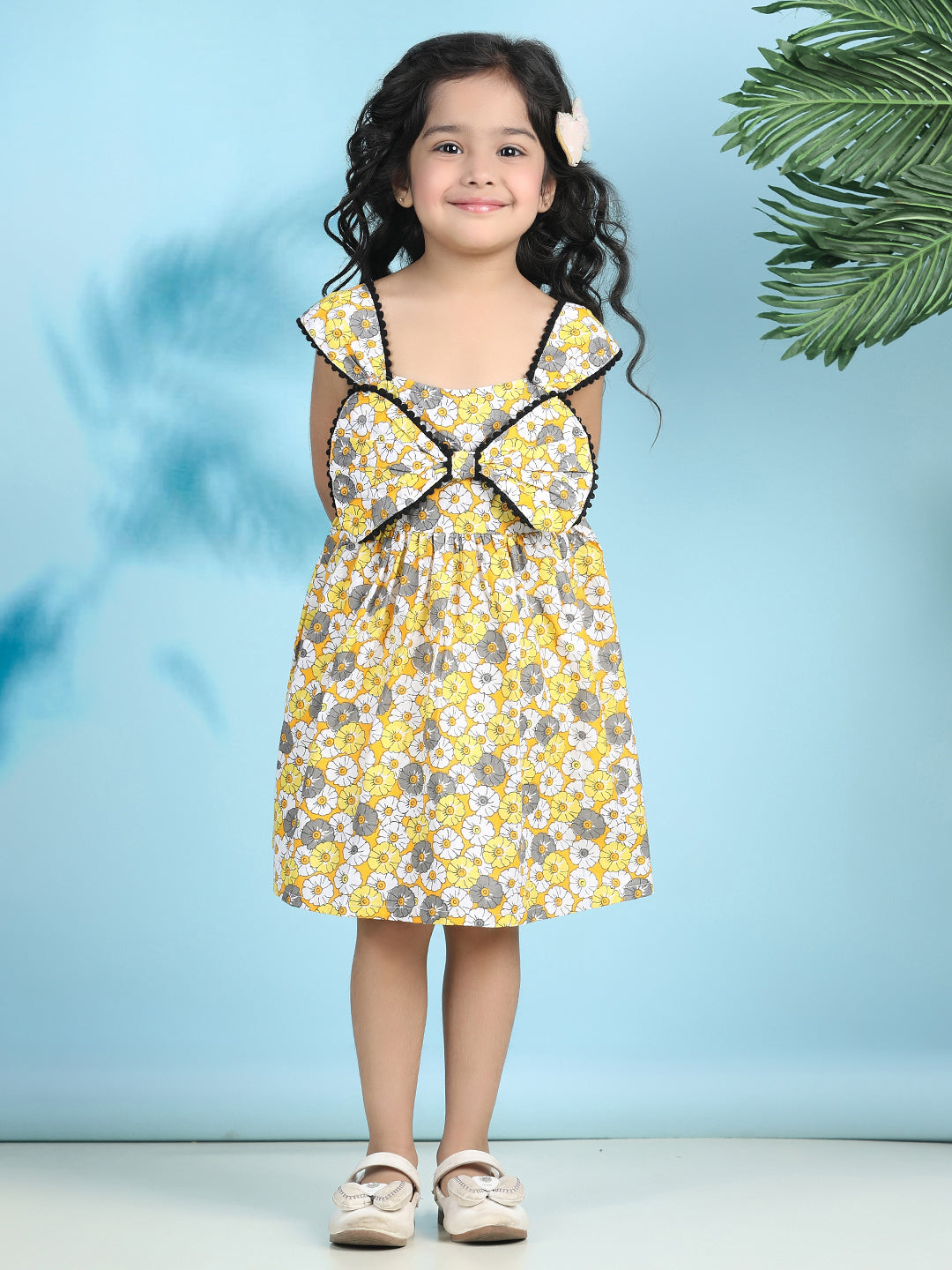 Cutiekins Girls Trendy & Stylish Floral Printed Dress -Mustard & Off White