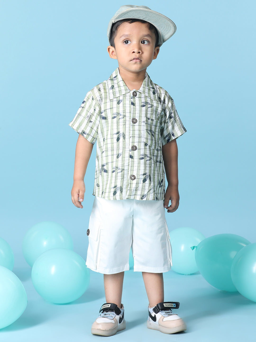 Cutiekins Boys Tropical Print Shirt With Solid Denim Short -Green & White