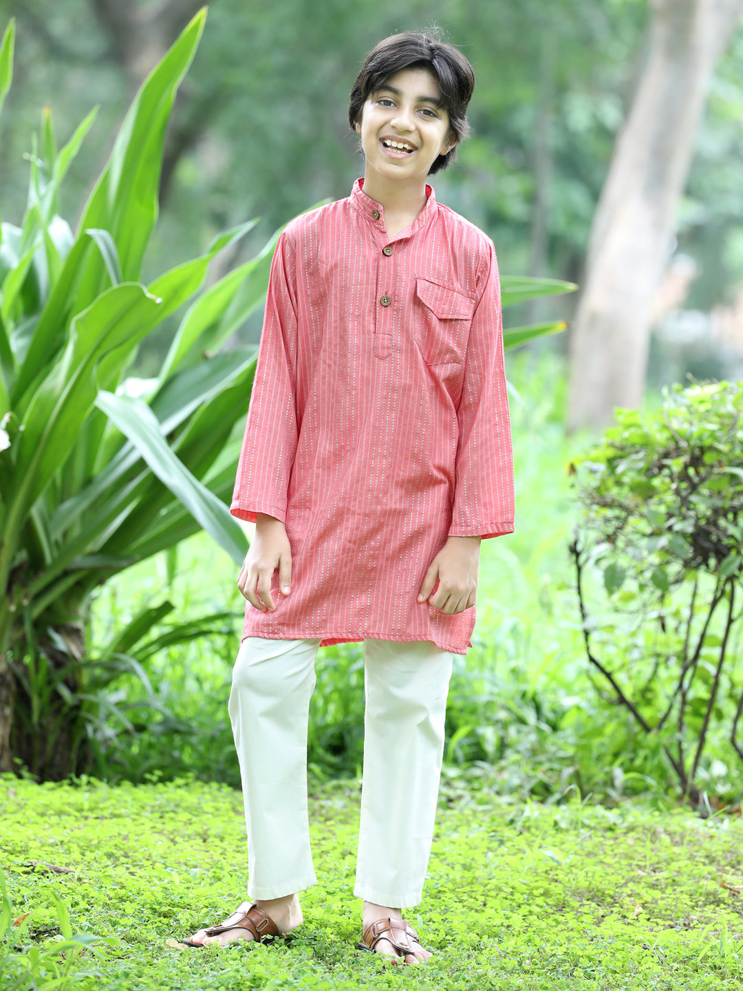 Cutiekins Printed Kurta and Pajama Set- Peach & Off White