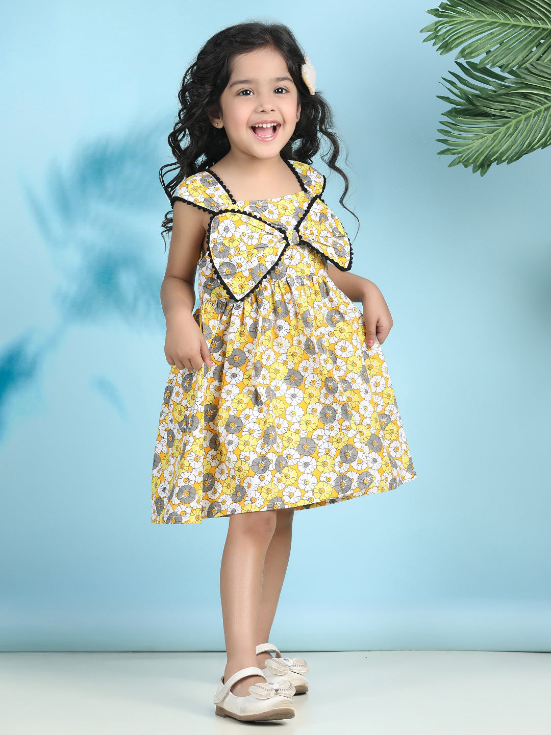 Cutiekins Girls Trendy & Stylish Floral Printed Dress -Mustard & Off White