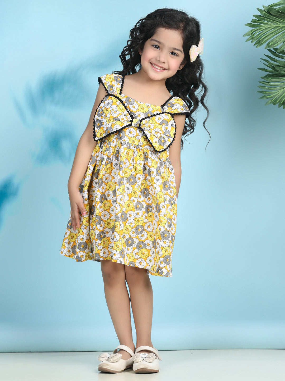 Cutiekins Girls Trendy & Stylish Floral Printed Dress -Mustard & Off White