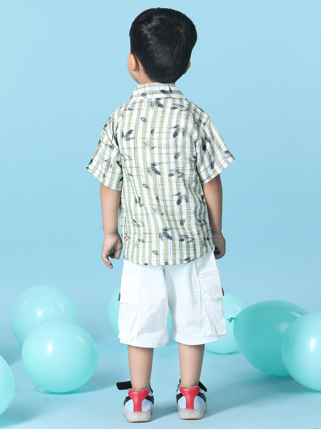 Cutiekins Boys Tropical Print Shirt With Solid Denim Short -Green & White