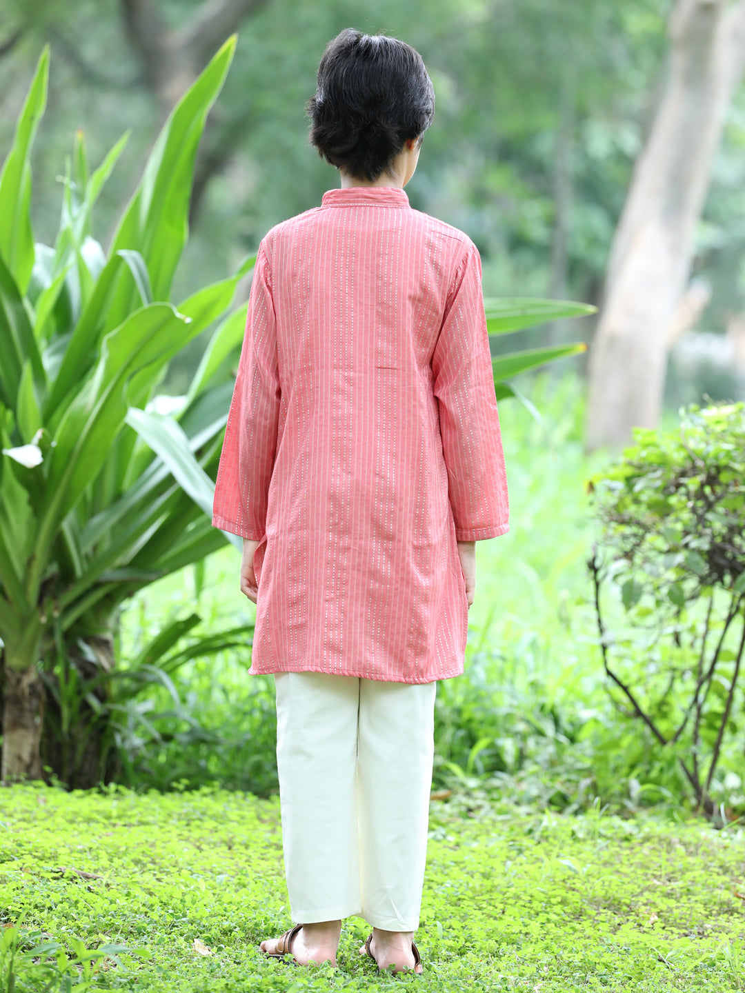 Cutiekins Printed Kurta and Pajama Set- Peach & Off White