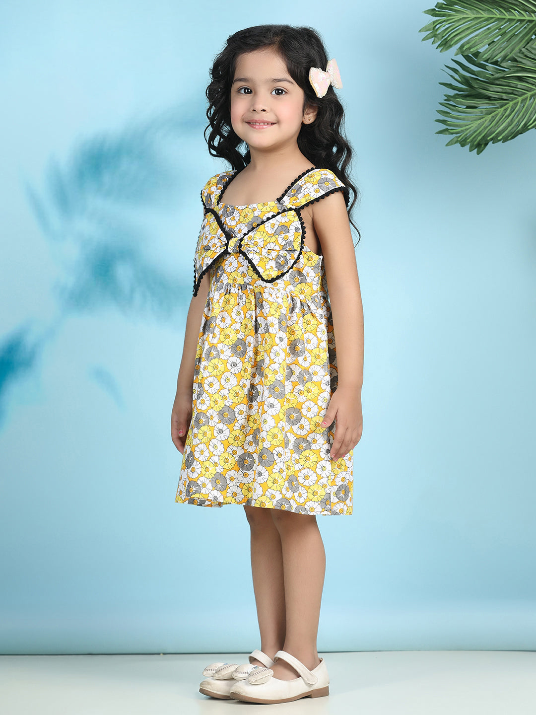 Cutiekins Girls Trendy & Stylish Floral Printed Dress -Mustard & Off White