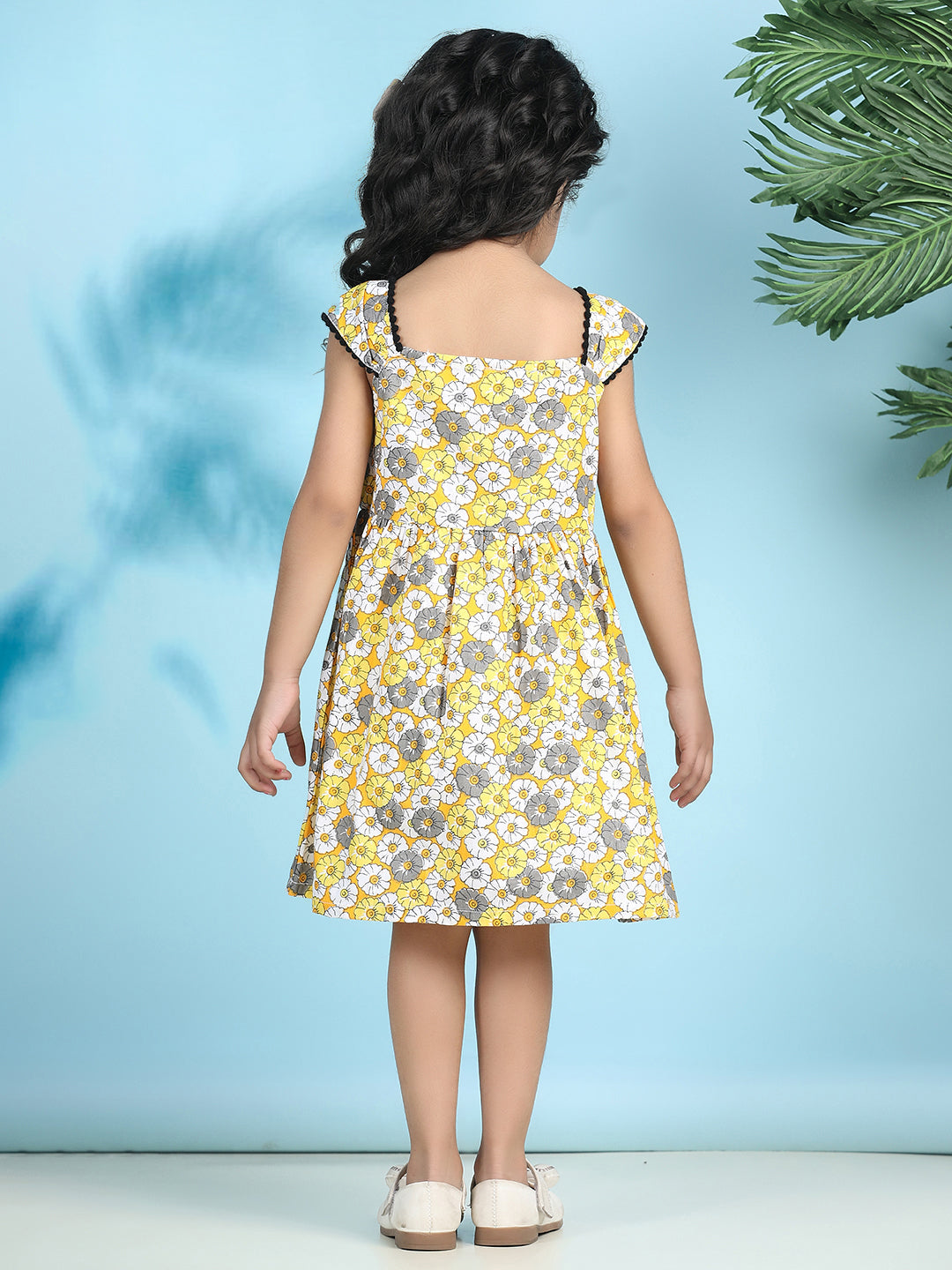 Cutiekins Girls Trendy & Stylish Floral Printed Dress -Mustard & Off White