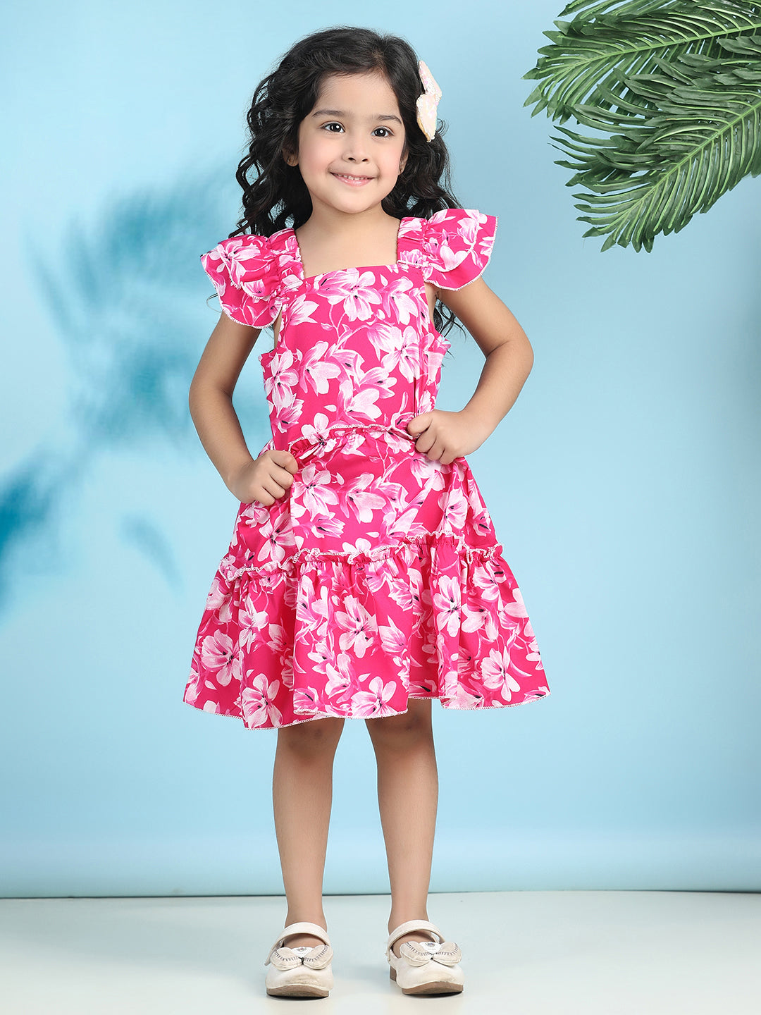 Cutiekins Girls Trendy & Stylish Floral Printed Dress -Magenta & Off White