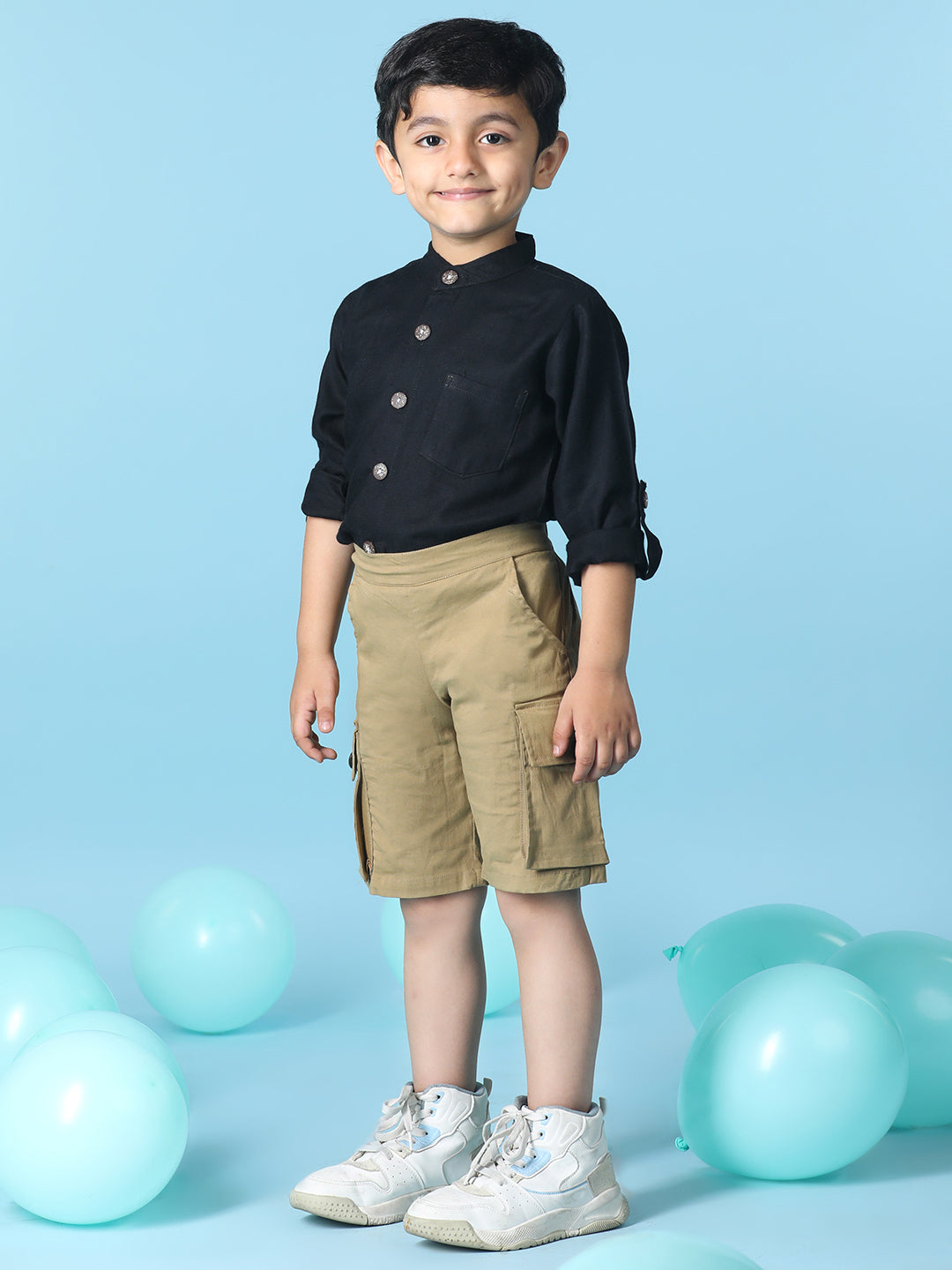 Cutiekins Boys Solid Shirt With Solid Denim Short -Black & Camel Brown