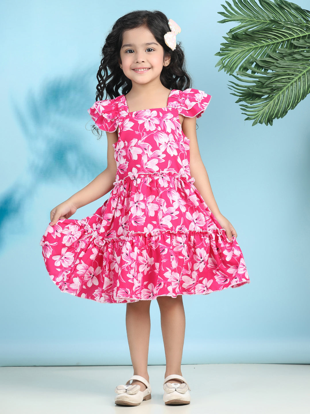 Cutiekins Girls Trendy & Stylish Floral Printed Dress -Magenta & Off White