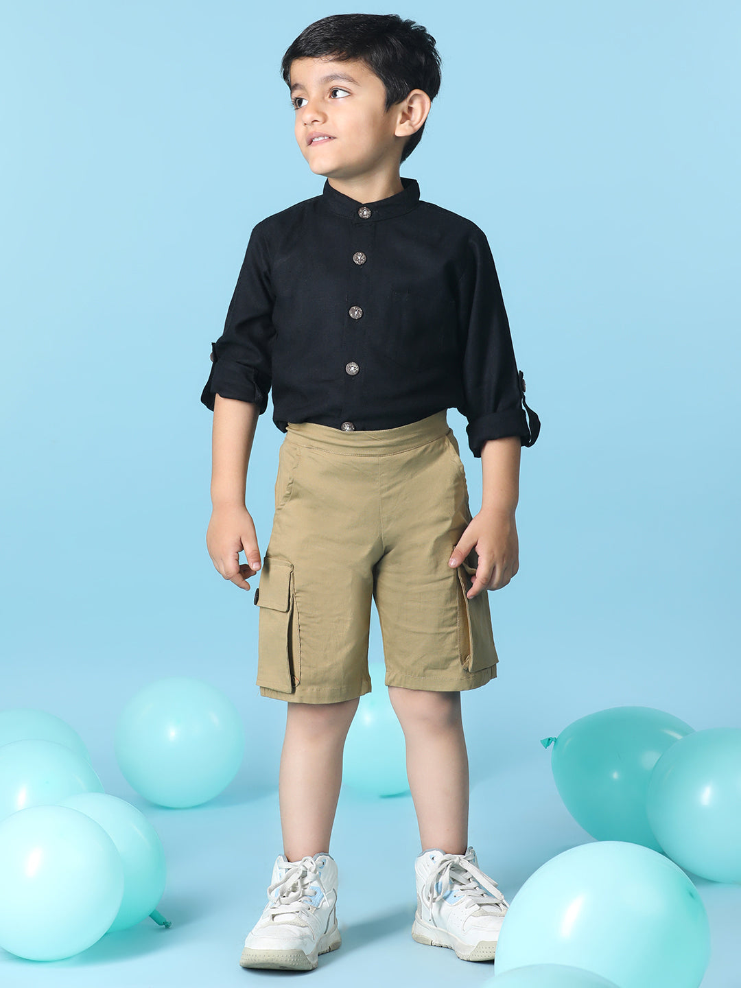 Cutiekins Boys Solid Shirt With Solid Denim Short -Black & Camel Brown