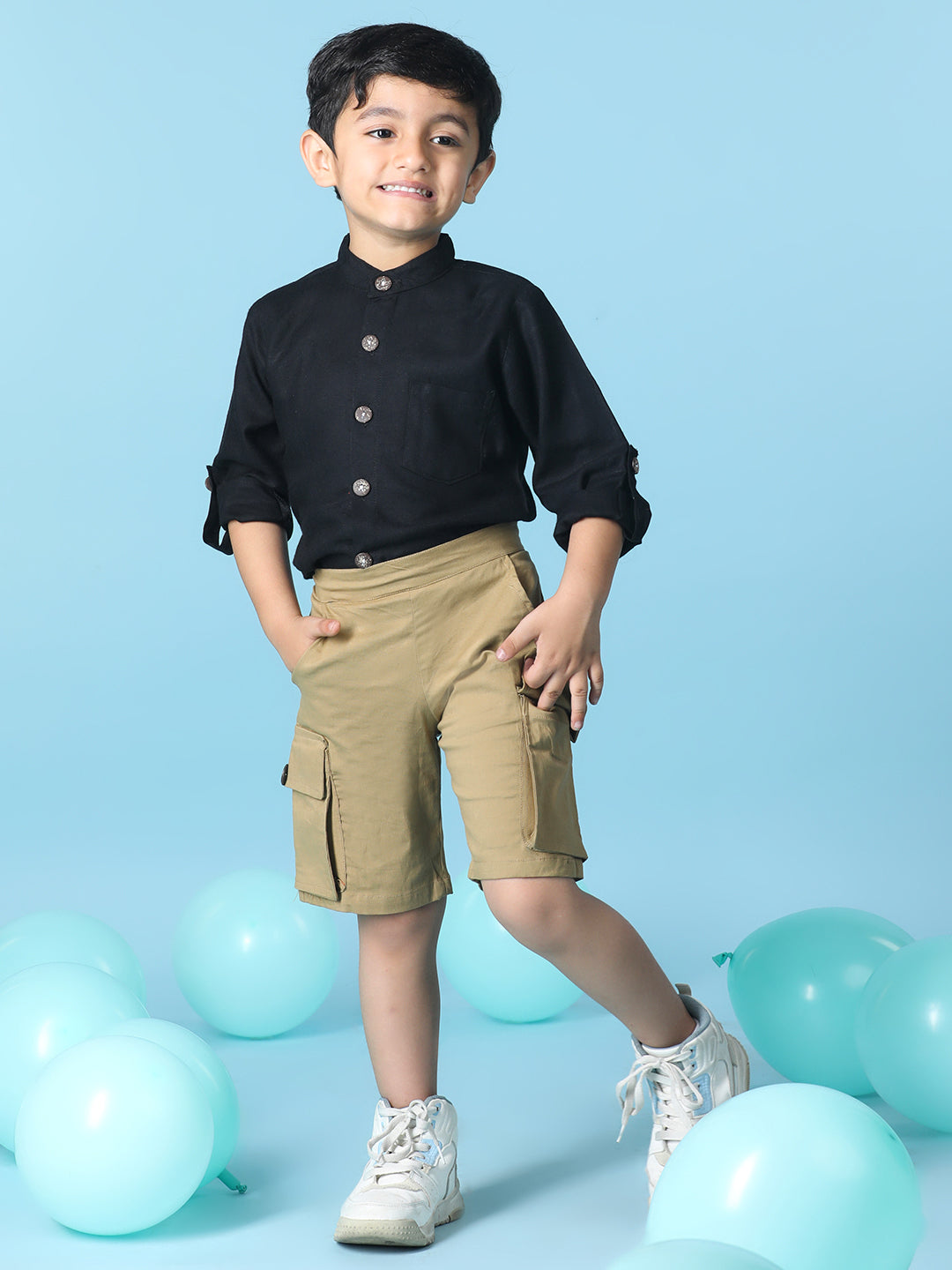 Cutiekins Boys Solid Shirt With Solid Denim Short -Black & Camel Brown