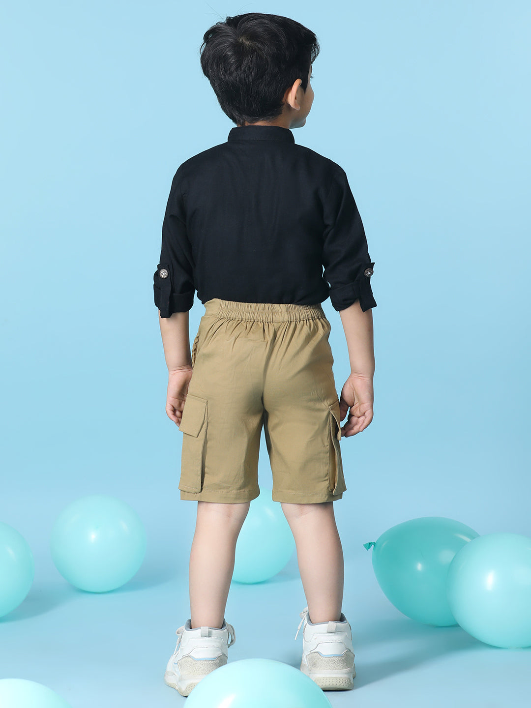 Cutiekins Boys Solid Shirt With Solid Denim Short -Black & Camel Brown