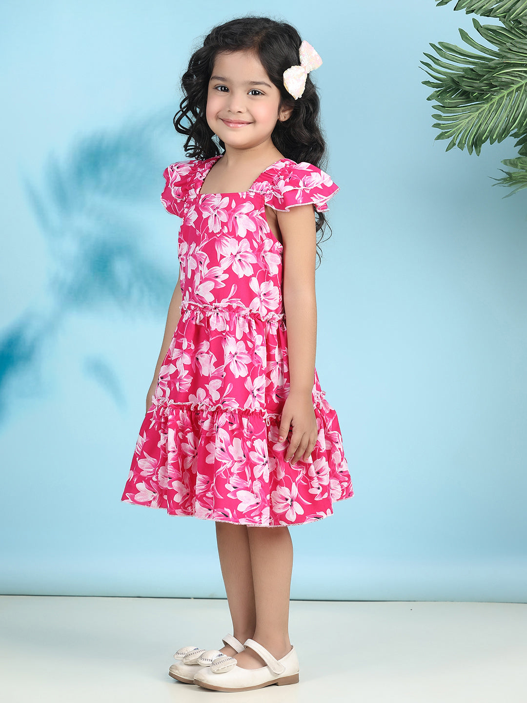 Cutiekins Girls Trendy & Stylish Floral Printed Dress -Magenta & Off White