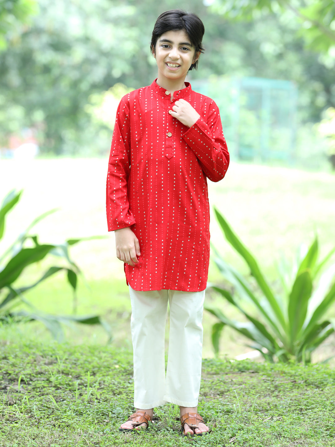 Cutiekins Printed Kurta and Pajama Set- Red & Off White