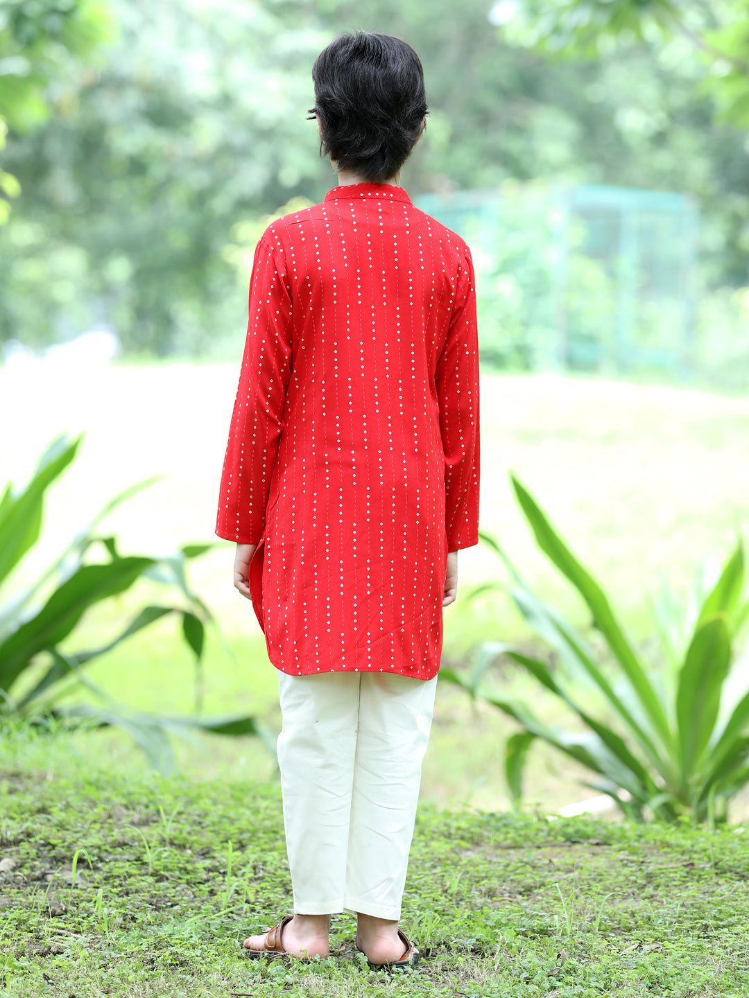 Cutiekins Printed Kurta and Pajama Set- Red & Off White