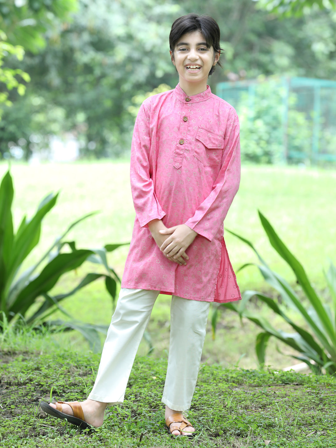 Cutiekins Printed Kurta and Pajama Set-Pink & Off White