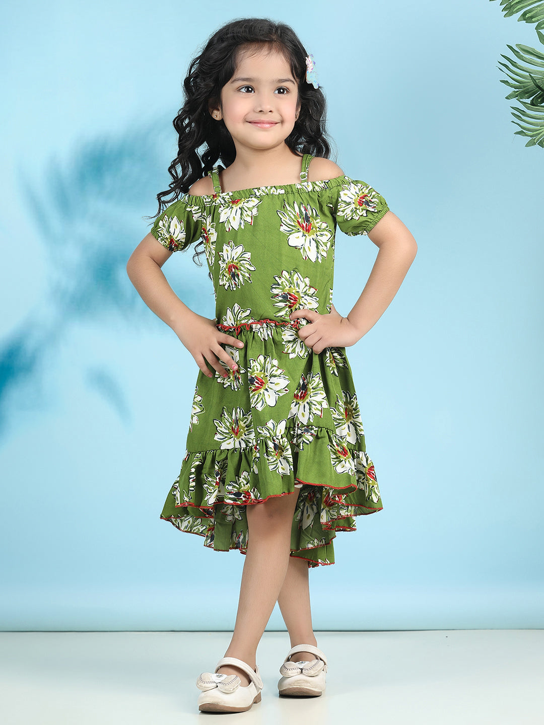 Cutiekins Girls Trendy & Stylish Floral Printed Dress -Olive Green & Off White