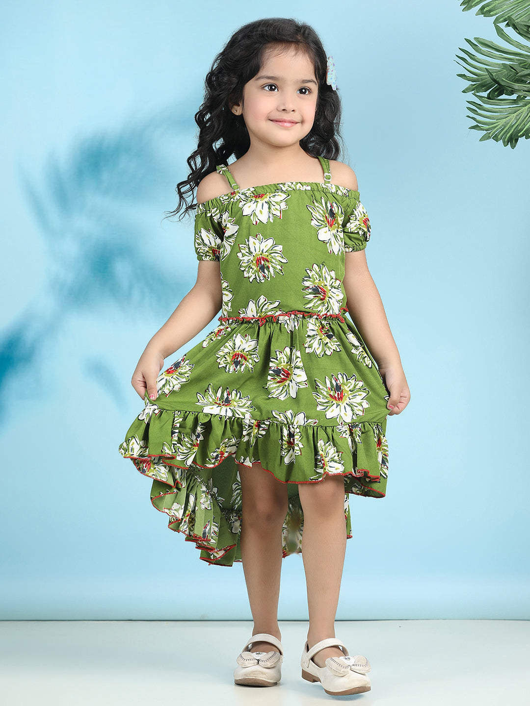 Cutiekins Girls Trendy & Stylish Floral Printed Dress -Olive Green & Off White